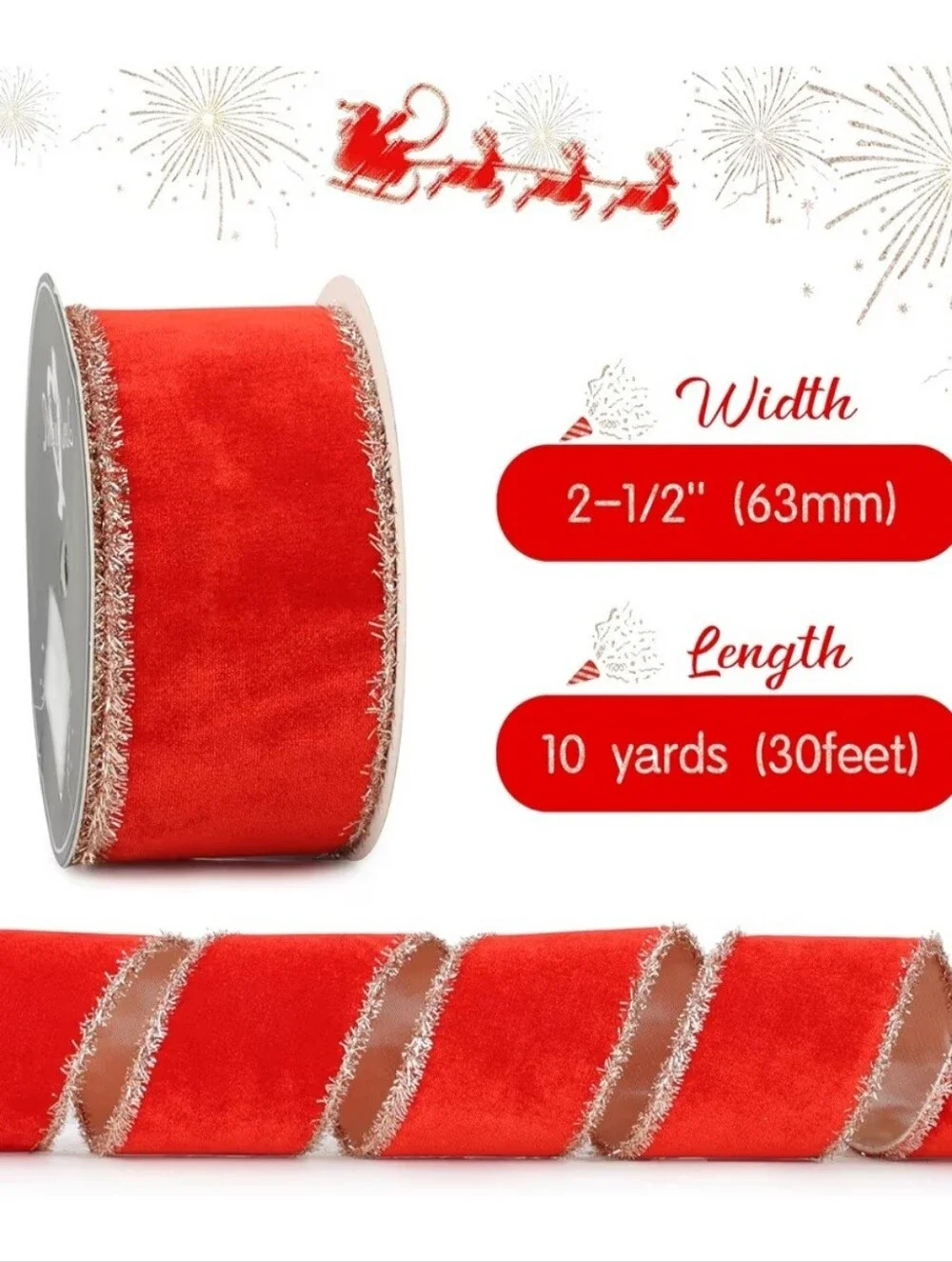 Mayreel. Red Holiday Velvet Ribbon with Gold Tinsel Trim. 10 yards. NWT.